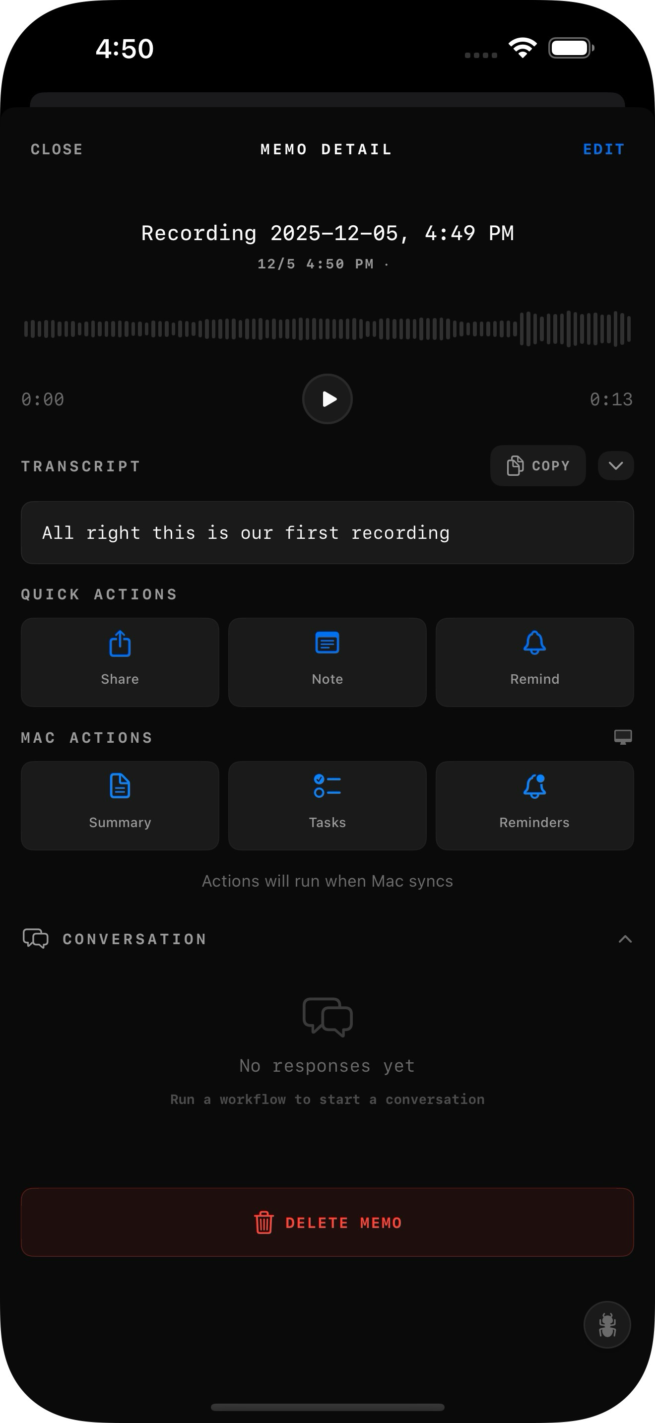 Talkie for iPhone — memo detail with transcript and quick actions