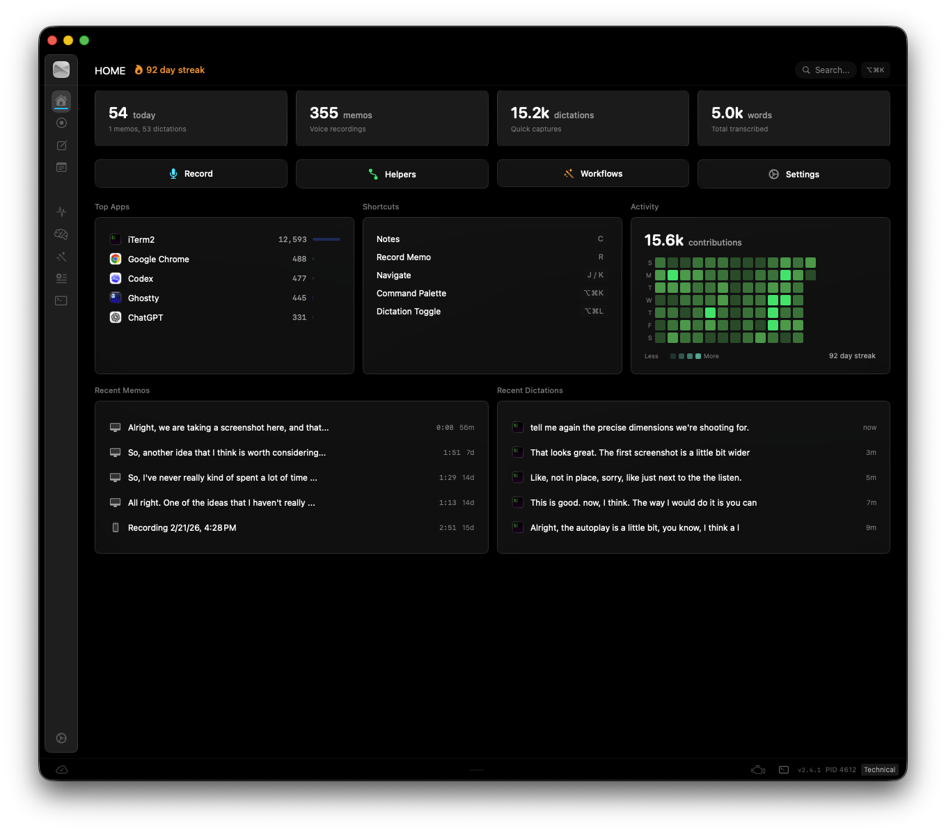 Talkie for Mac — dashboard with recordings, transcripts, and activity