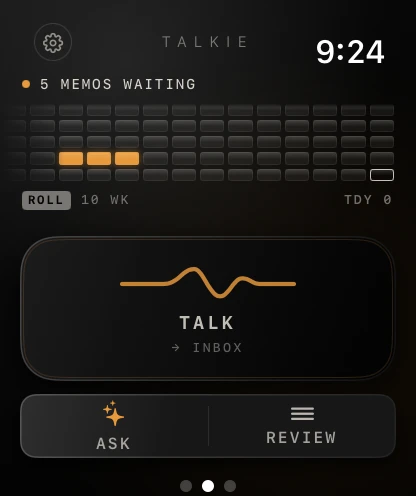 Talkie for Apple Watch showing the current record control and Ask AI action