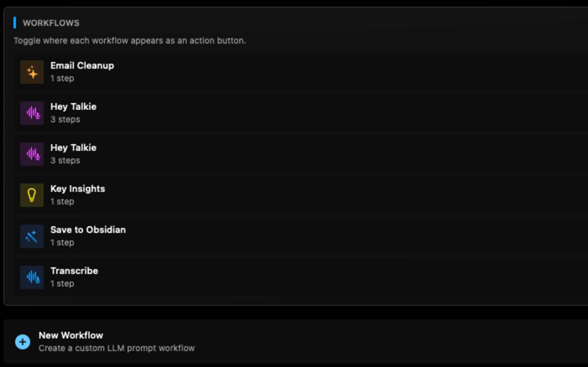 Talkie workflow actions including email cleanup, insights, and Obsidian